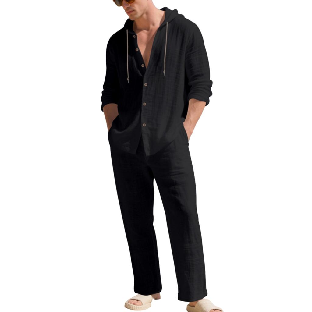 Men's 2,Piece Linen Hooded Shirt Set | Loose Fit Breathable Beach Casual Pants For Daily & Vacation Wear