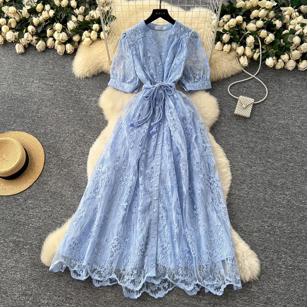 French high-end temperament dress women's summer fashion strap waist single-breasted embroidered mesh long skirt