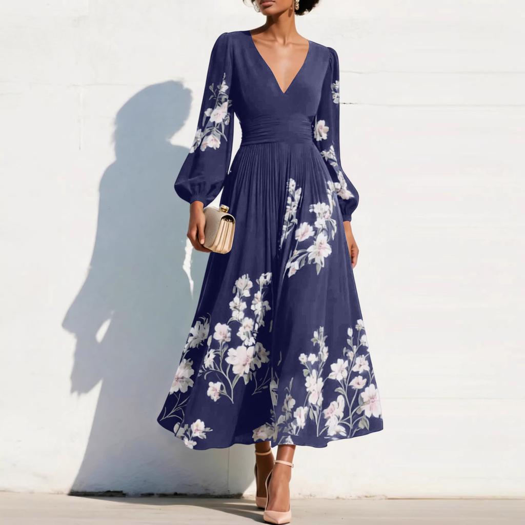 Damen Maxikleid mit langen Ärmeln, V-Ausschnitt, Falten und Blumendruck, Elegante Passform, Ausgestellter Schnitt, Lange Länge, Für Freizeit und formelle Anlässe