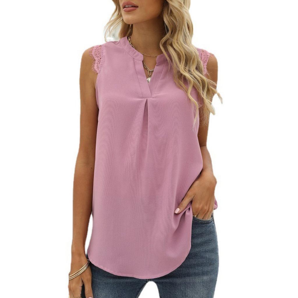 Spring Summer Women's Solid Color Shirt Loose V-neck Sleeveless Lace Trim Blouse, European American Style Casual Top