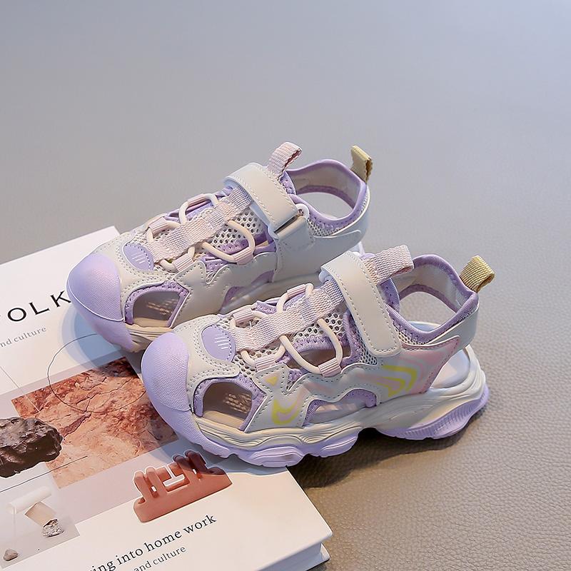 

Детская пляжная обувь с закрытыми носками, детские сандалии, перфорированная сетка, дышащие, лето 2025, новая коллекция, повседневная обувь для мальчиков и девочек, на липучке 35 фиолетовый