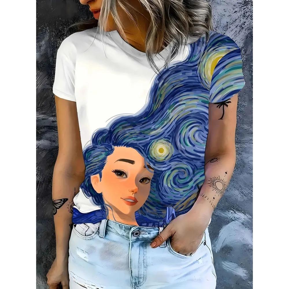 Fashionable Casual Comfortable Breathable Short Sleeved Round Neck T-shirt Summer Large Loose Creative Portrait 3D Printed Women's T-shirt