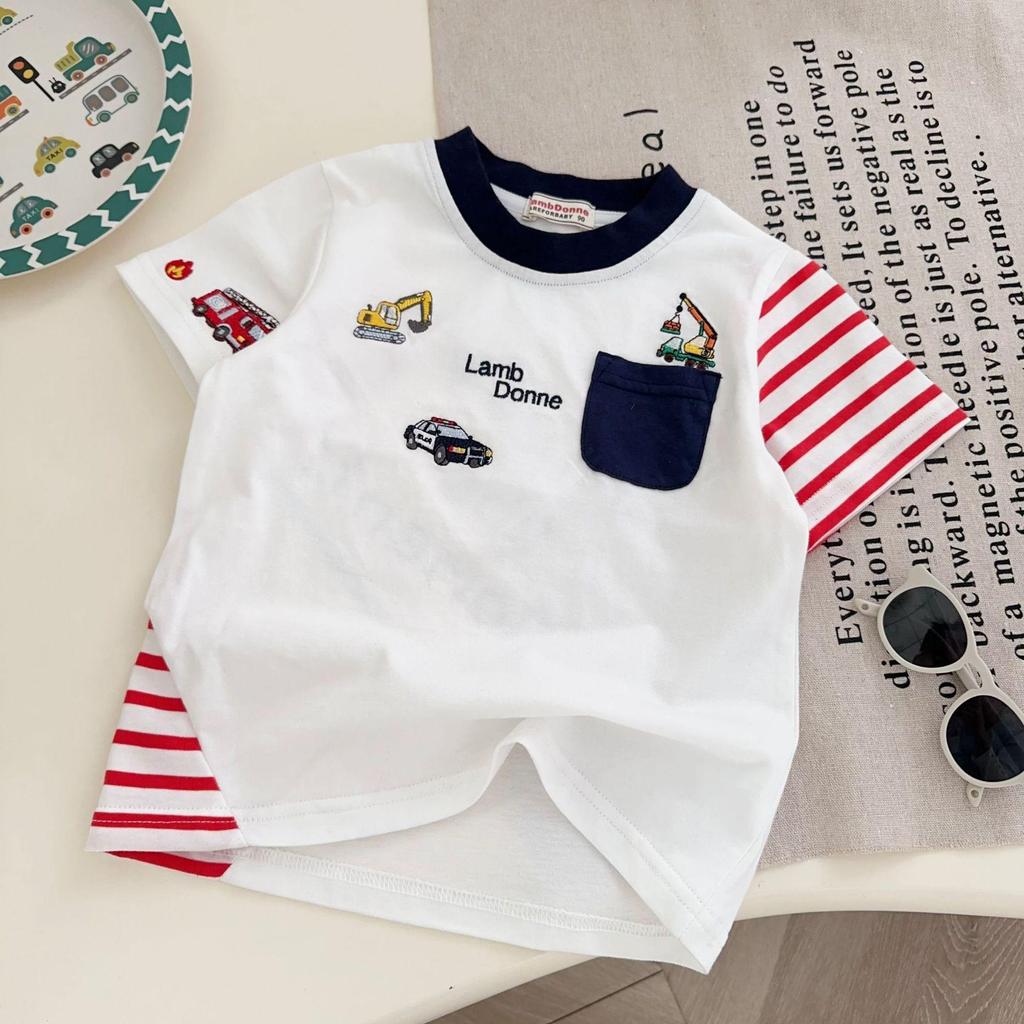 Boys' Short Sleeve Cartoon Stripe T-shirt - 2026 Summer Cool Patchwork Design