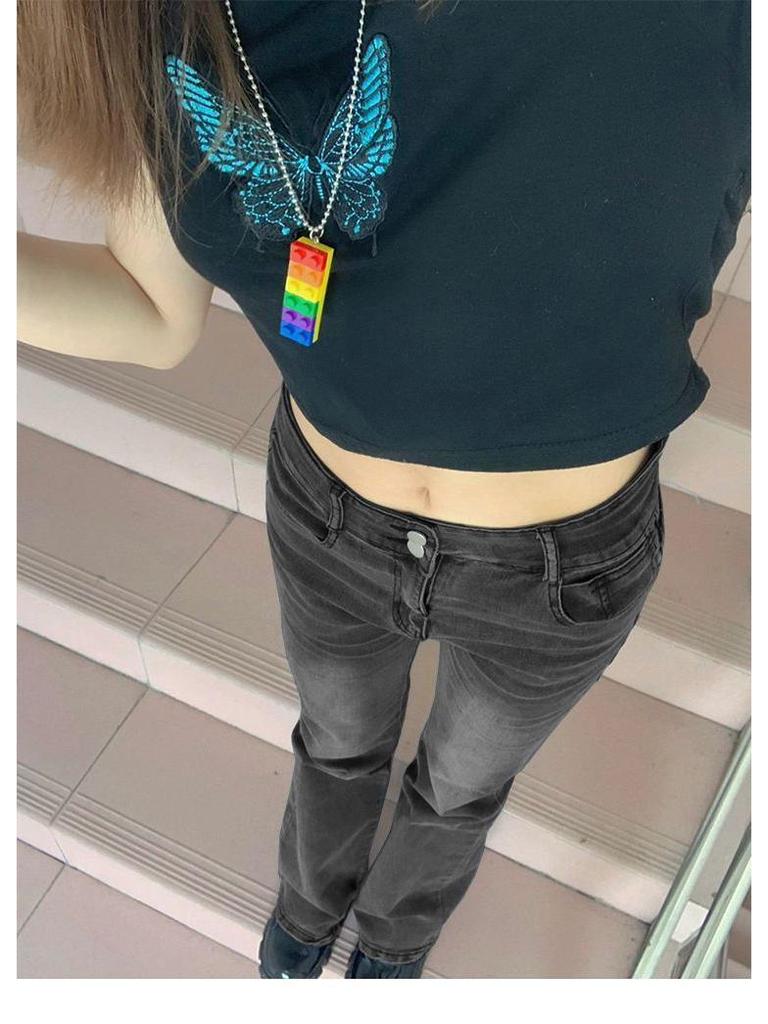 Women's Black & Grey High-Waisted Micro-Flare Jeans - Stretch, Slimming, Versatile Bell Bottom Pants for Autumn/Winter 2022