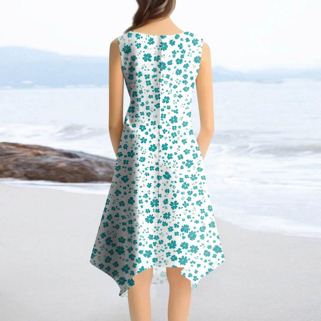 Lässiges, modisches Damen-Midikleid mit Rundhalsausschnitt, ärmellos, Blumendruck, unregelmäßiger Saum