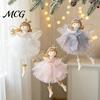 Christmas Window Display Props Angel Doll Hanging Ornaments with Lace Mesh And Glitter Wings for Pink Beige or White Decor Tree Decoration,