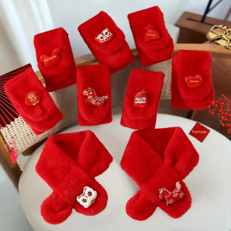 Autumn Winter Children's Scarf Chinese Style Zodiac Animals Red Scarf Cartoon Pony Plush Neck Warm Scarves New Year Gift