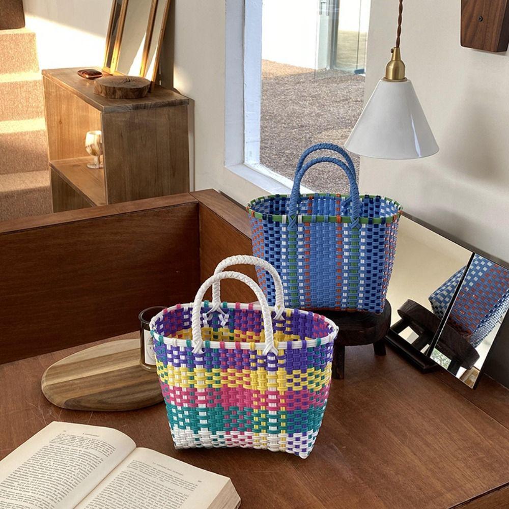 Bohemian Style PVC Vegetable Basket Bag Vacation Style Plastic Handbag Casual Beach Bag Streetwear