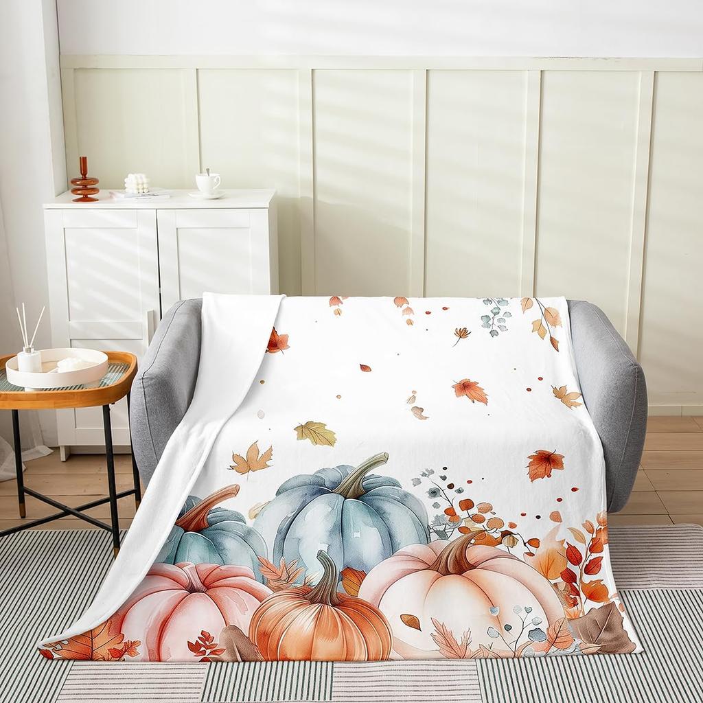 GUOYU Blanket Fall Pumpkin Harvest Fleece Flannel BlanketRustic Maple Autumn Leaves Bed Plush Blanket for Rustic Home DecorHarvest Patchwork