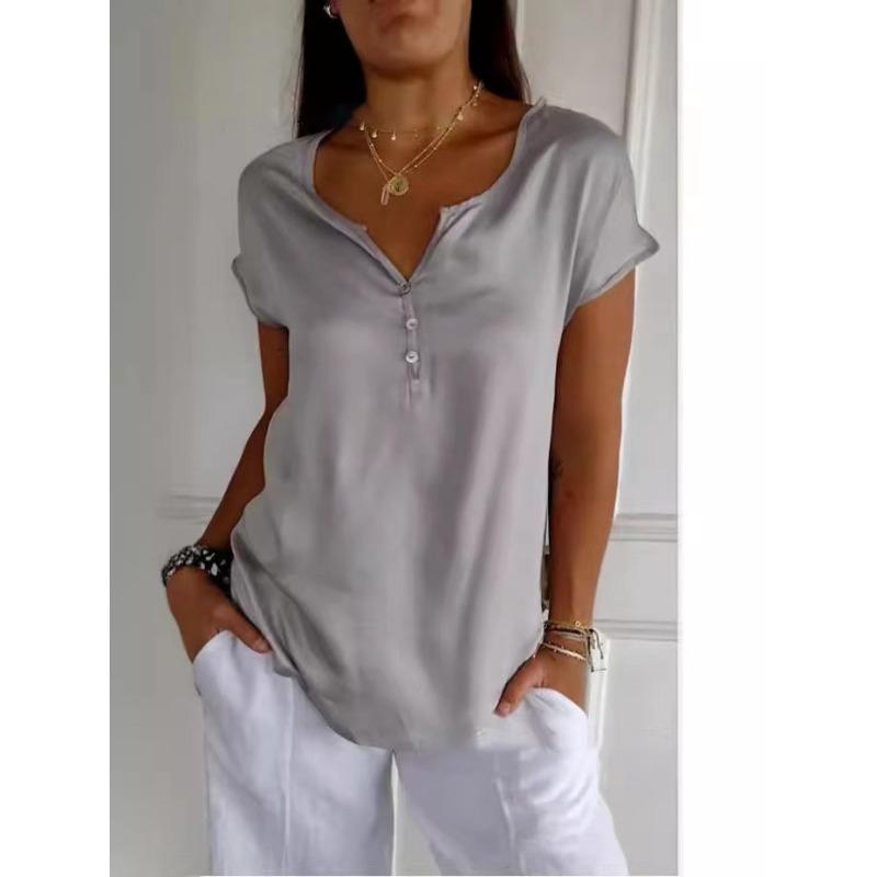 Moda Donna Casual Estiva Primaverile Colore Unico Stampa Manica Corta Scollo a V Camicette Camicie