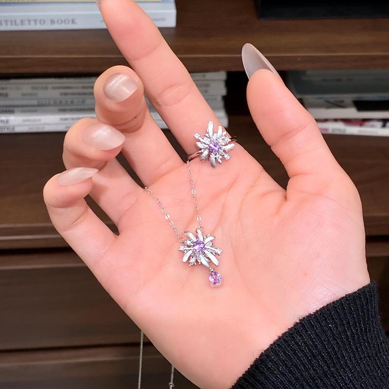 Rotatable fireworks s925 sterling silver jewelry set, light luxury, natural crystal necklace ring, two-piece jewelry gift.