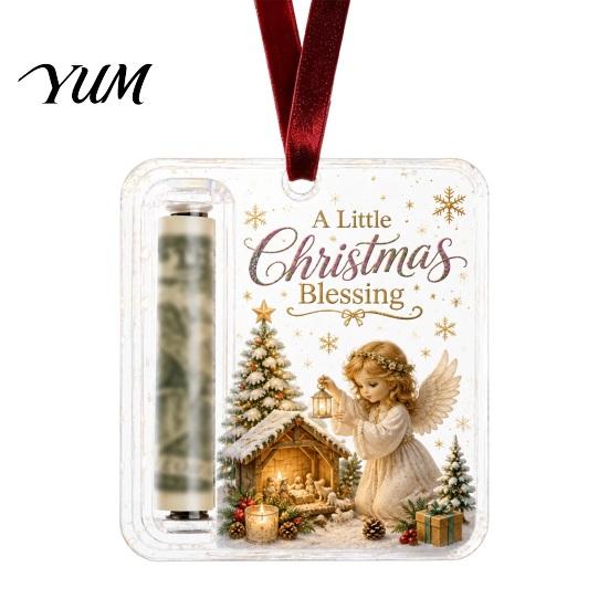 Money Gift Ornament Christmas Cash Holder Ornament, Acrylic Angel Santa Cat with Lanyard for Xmas Tree, Holiday Party Hanging Decoration