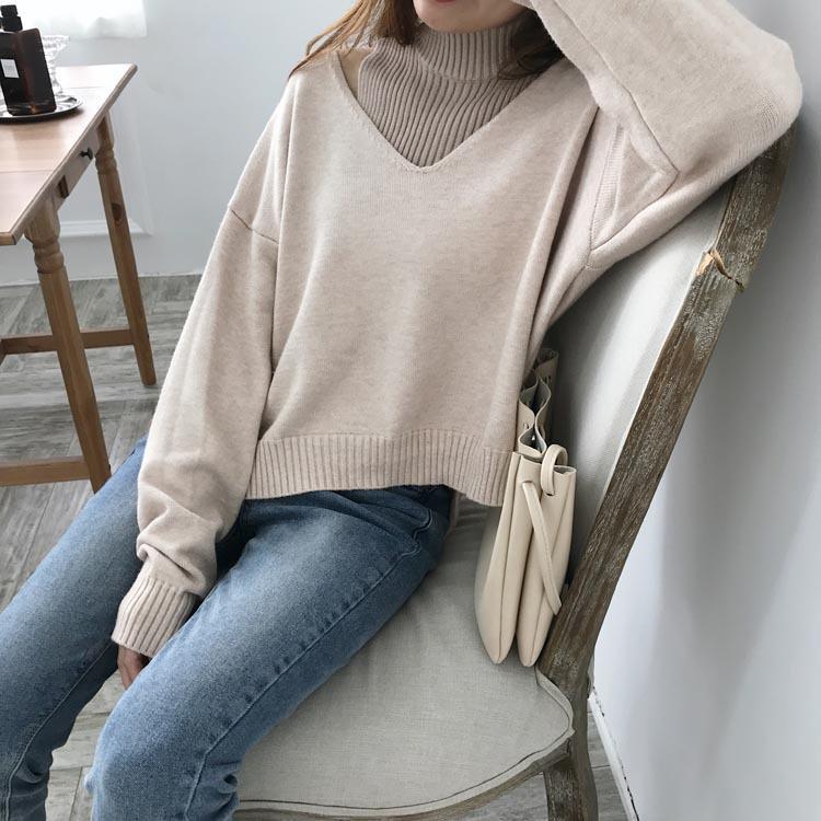 Two-piece Straight Half-high Collar Bottoming Sweater Female Commuter V-neck Loose Long Sleeve Sweater Sweater Women Sets Spring
