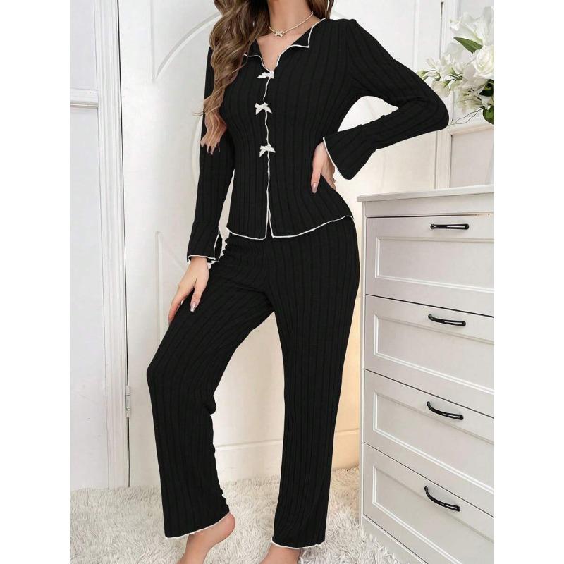 VEZFAA Women's Fashion Casual Spring Autumn Stripe Print Long Sleeve POLO Neck Trousers Pants Suits