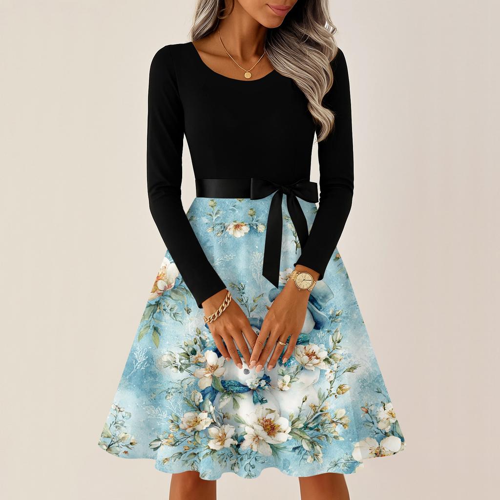 Women's Casual Fashion Round Neck Long Sleeve Christmas Printed Party Vintage Long Dresses