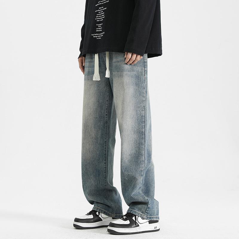 2026 New Vintage Drawstring Jeans for Men, Washed, Loose Fit, Versatile Workwear Trousers