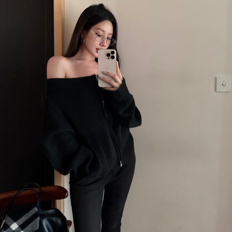 New Off-shoulder Elegant Long Sleeve Zipper Sweater Fashion Simple Autumn Women Cardigan Loose Knitwear Top Casual Sexy Slim Casual Knitted Clothes