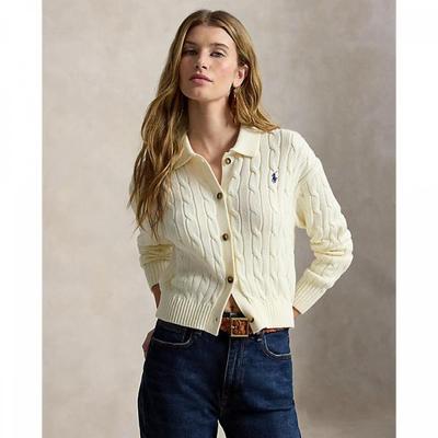 Women Cable Knit Cotton Polo Collar Cardigan Wmposwendw206301