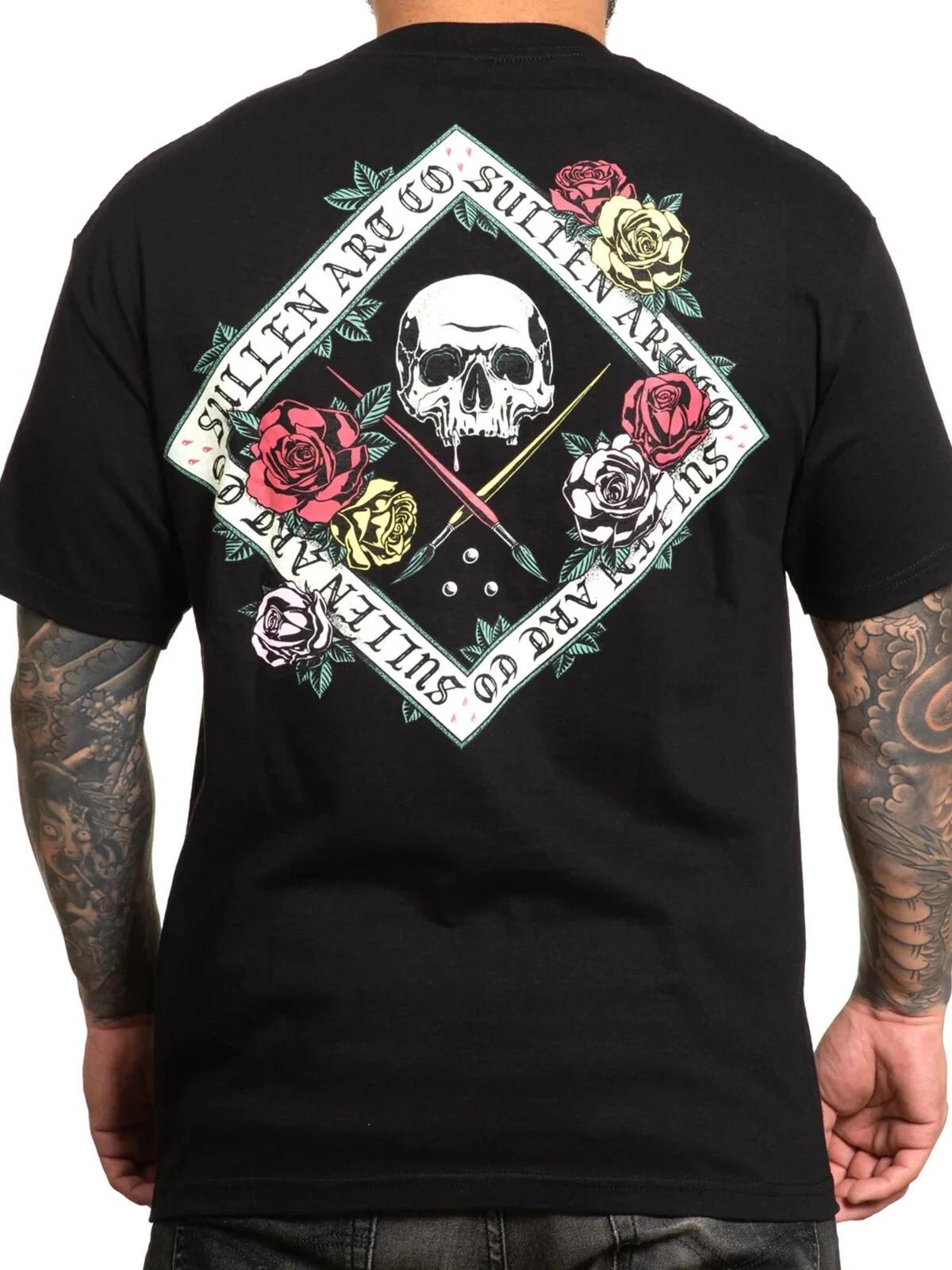 

Sullen Men s Floral Badge Short Sleeve Standard T-shirt Skull Roses Tattoo Tee 4XL