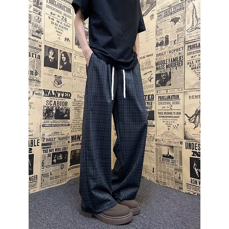 Men's Summer Drape Loose Wide-leg Pants American Retro Plaid Pants Straight Sweatpants Hiphop Casual Pants
