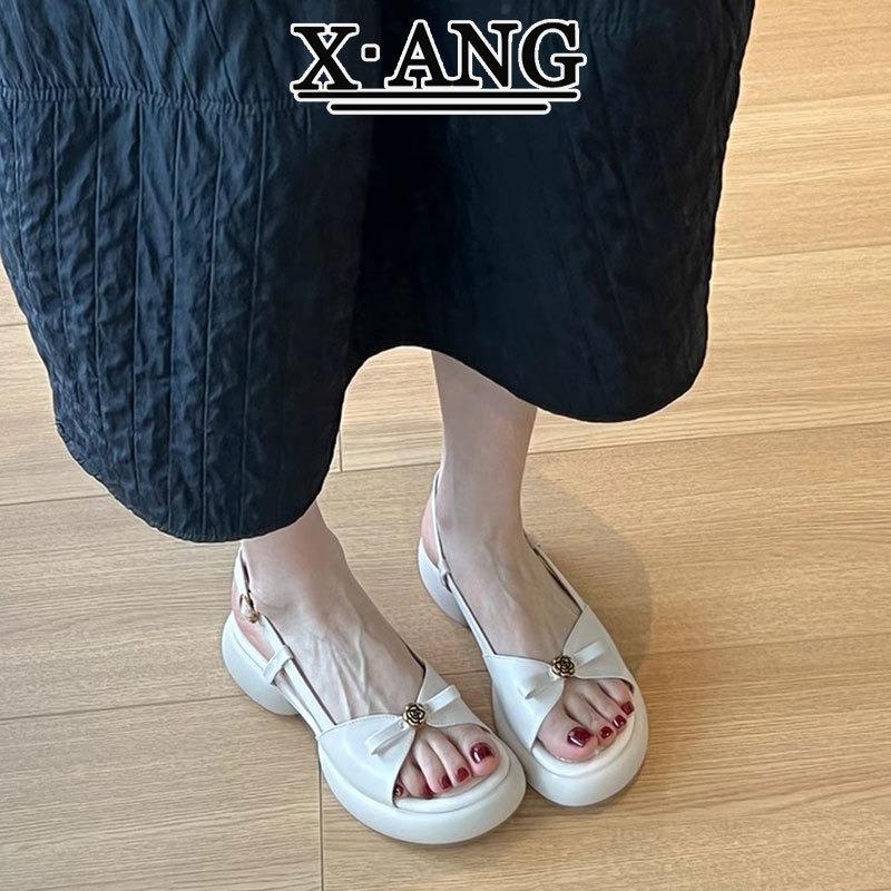 Super soft bottom first layer cowhide sandals women's summer wear with skirt thick heel with women's shoes