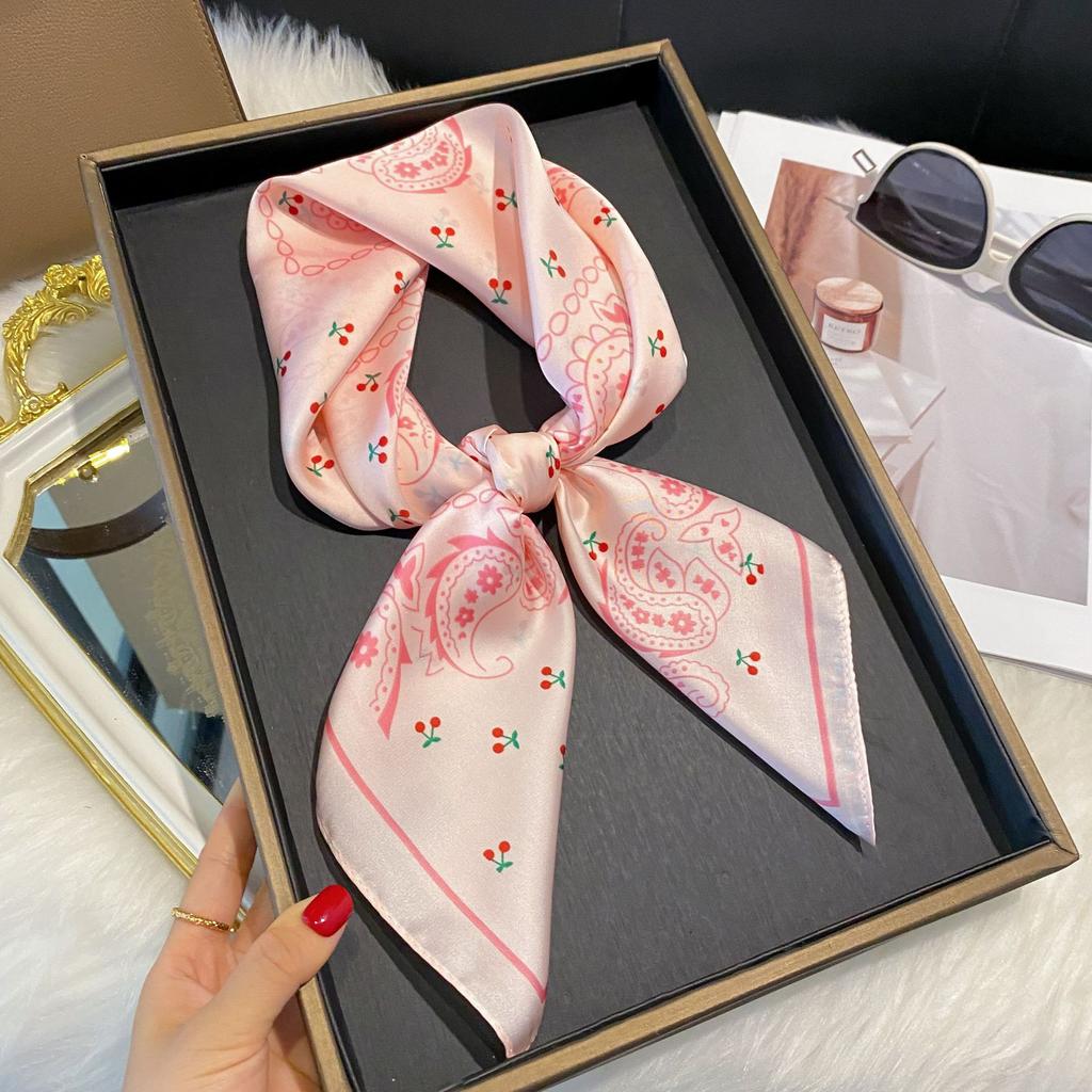 Luxury   Floral Print Square Silk Scarf For Women Hijab Hair Bands 70Cm Neckerchief Female Satin Shawl Ribbon Headband
