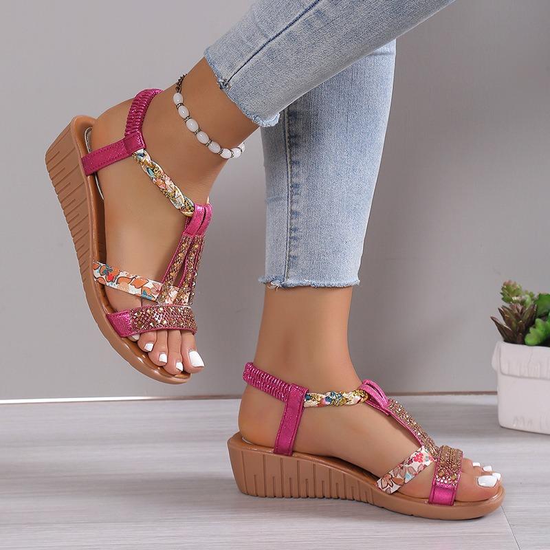 Women's Plus Size Peep Toe Wedge Sandals, Bohemian Elastic Strap Rhinestone Casual Daily Footwear