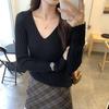 Korean Chic White V-Neck Slim Knit Long-Sleeve Top for Women - Autumn/Winter