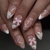 24/30PCS Reusable 3D Effect False Nail Pink Bow Glitter Fake Nail Full Cover Green Ripple Press on Nails for Women Girl