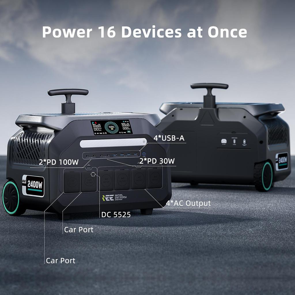 IEE P2400 2400W Portable Power Station, 2048Wh LiFePO4 Battery Solar Generator, 16 Output Ports, 1.2 Hours Fast Charging, App Control