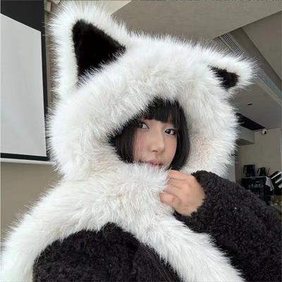 Thickened Cold-proof Plush Fox Ear Hat Women's Winter Scarf Integrated New Warm Face Small Lei Feng Hat