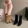Thick Heel Pointed Western Cowboy Boots Short Boots Women's Shoes 2025 Autumn and Winter Suede with Skirt Pants Boots Skinny Boots