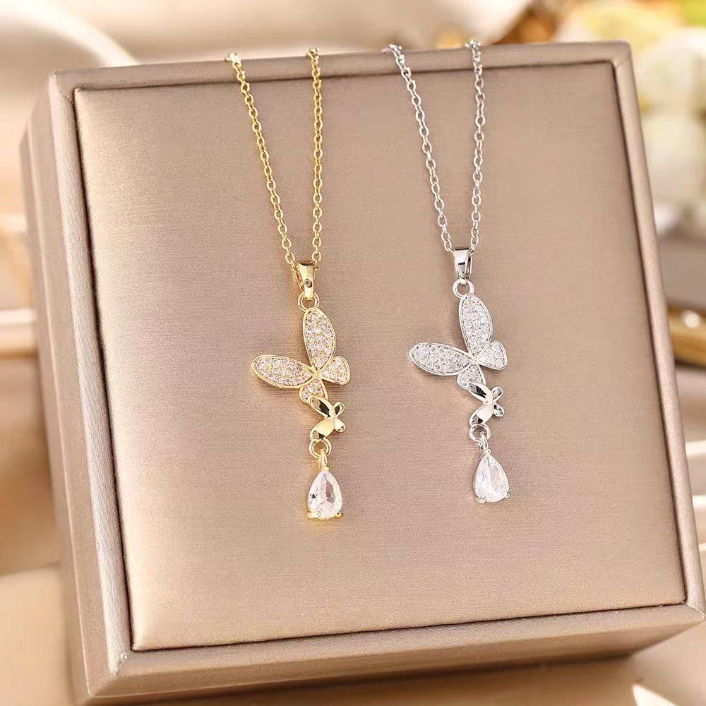 Lightweight Titanium Steel Butterfly Clavicle Necklace with Zirconia Tassel for Women