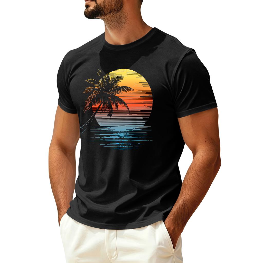 Men Summer Hawaiian Print Crew Neck Ice Silk Top Casual Sun Quick Dry Short Sleeve Shirt for Outdoor Sports