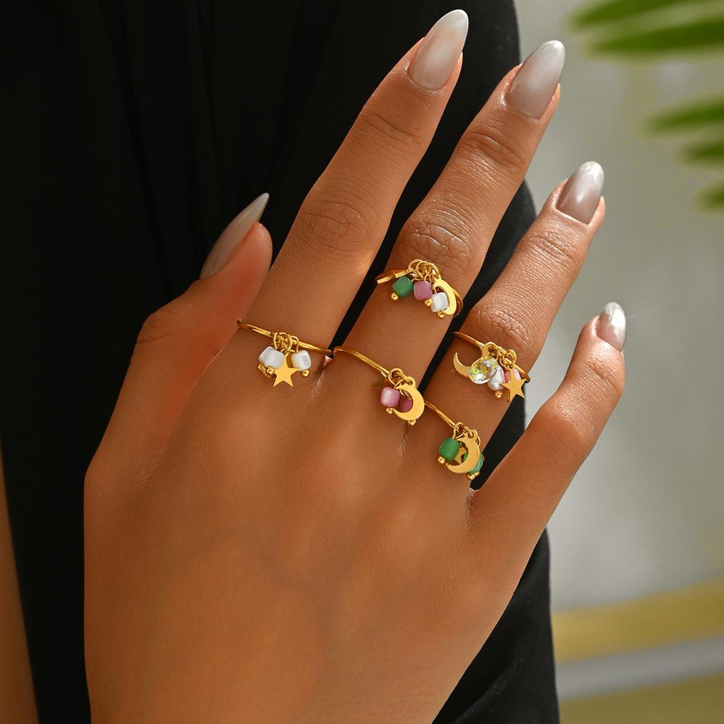 Geometric Wind Women's Ring Personalized Inlaid Rice Bead Design Star Moon Open Ring Versatile Index Finger Ring