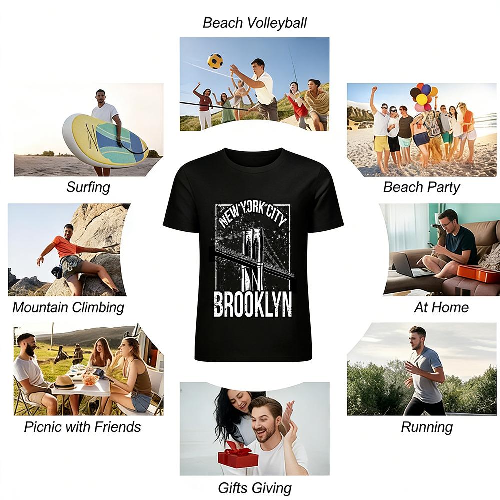 New York City Brooklyn Bridge Print Retro Unisex Casual T-Shirt Pure cotton T-shirt