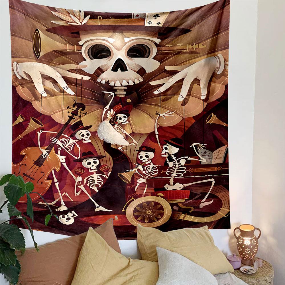 Skeletons play musical instruments with a puppet master in a lively scene. Patterned tapestry for bedroom and living room home decor