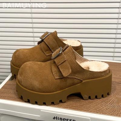 Platform Slippers Women Suede Brand Warm Cotton Mules Shoes Woman 2024 Trend Winter Snow Boots Casual Slingback Cotton Slippers