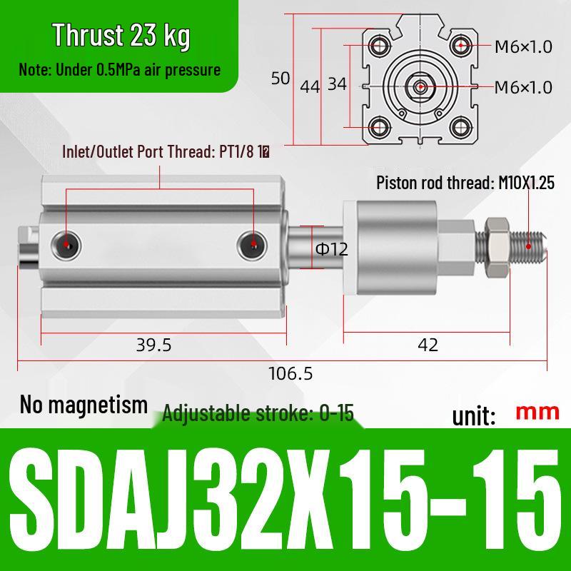 Adjustable Stroke Pneumatic Thin Cylinder - Piston Rod Sizes: 16/20/25/32/40/63
