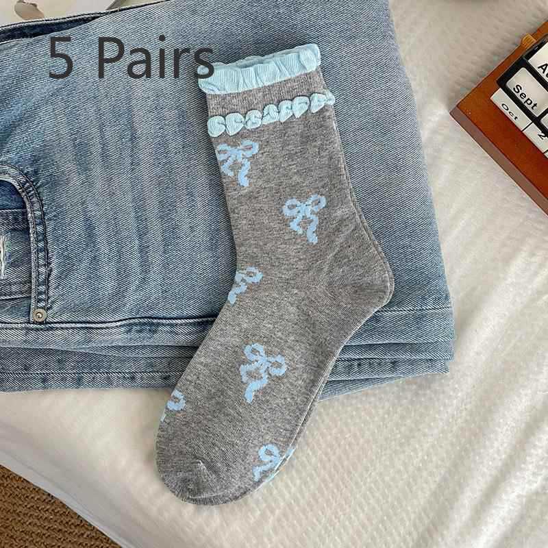 

5 пар женских весенне-летних носков-труб с бантом в стиле балета 5 Pairs серый