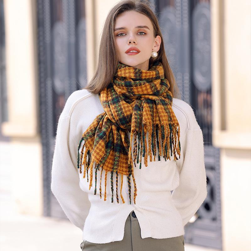 Autumn and Winter New Korean Style Plaid Scarf for Women Versatile Mid Length Shawl for Women  Imitation Cashmere Tassel Scarf