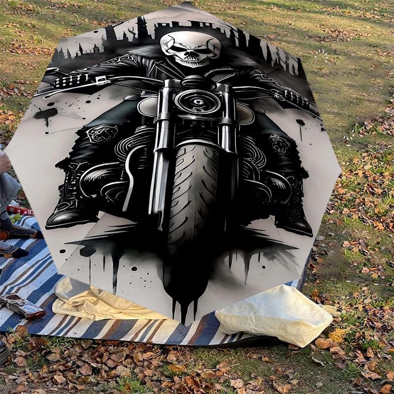 1pc Skull Biker Automatic Open/Close Umbrella Compact Folding Umbrella with 8-Rib Shaft for Women/Men, Elegant Birthday1211S