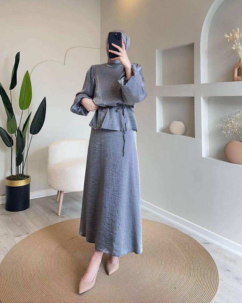 2024 Spring Women's Muslim Set: Elegant Solid Color Half Skirt with Tie