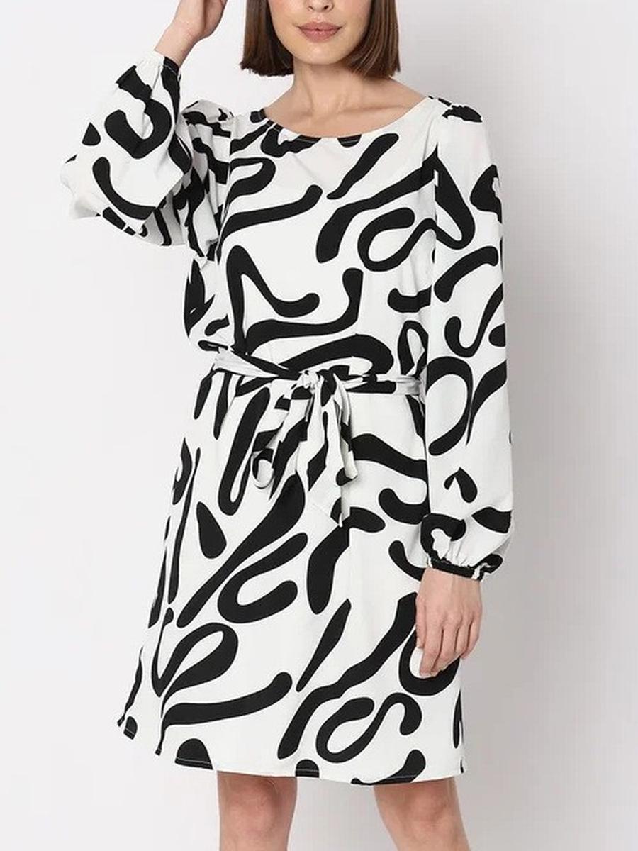 

Women s New Printed Long Sleeve Round Neck Belt Dress S темний колір орхідеї