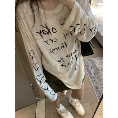 Letter Love Print Sunscreen T-shirt for Women Long Sleeve Thin Loose Round Neck T-shirts Cool Summer Lady's Pullover Tee