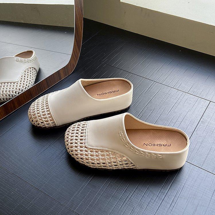 Thick-soled Bag Head Half Slippers Women's Summer Outer Wear 2025 New Inner Height Increase Hollow Weaving Women's Lazy Shoes with One Foot