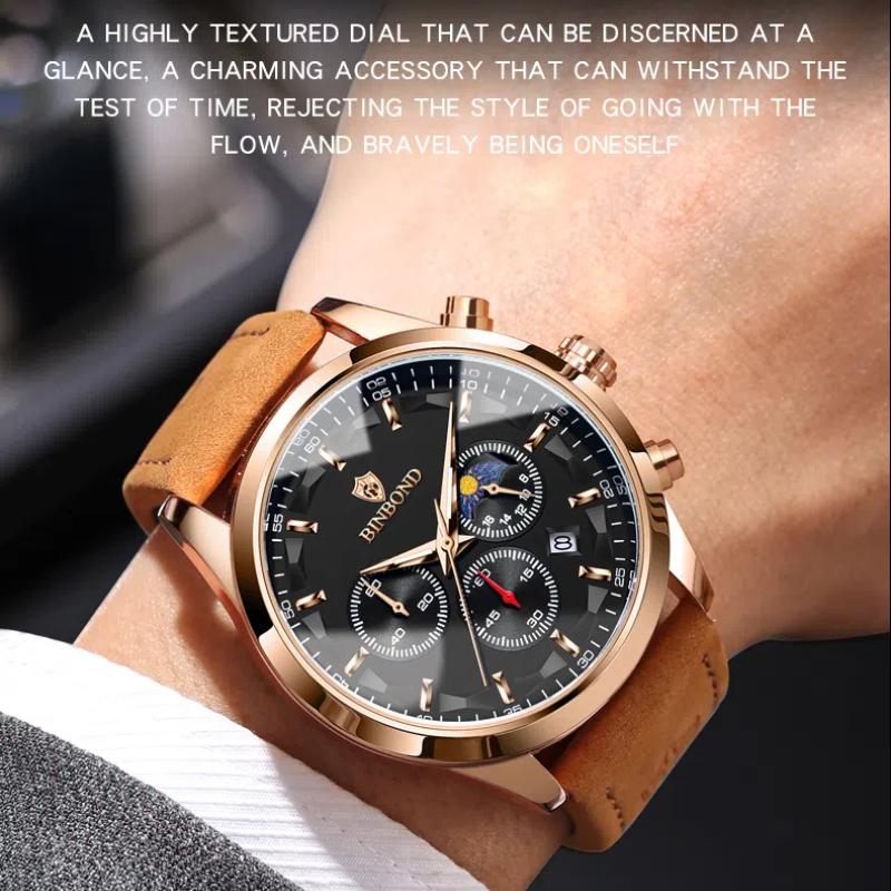 BINBOND Luxury Man Quartz Watch Waterproof Luminous Pointer Chronograph Leather Men's Wristwatch Military Sports Male Watch