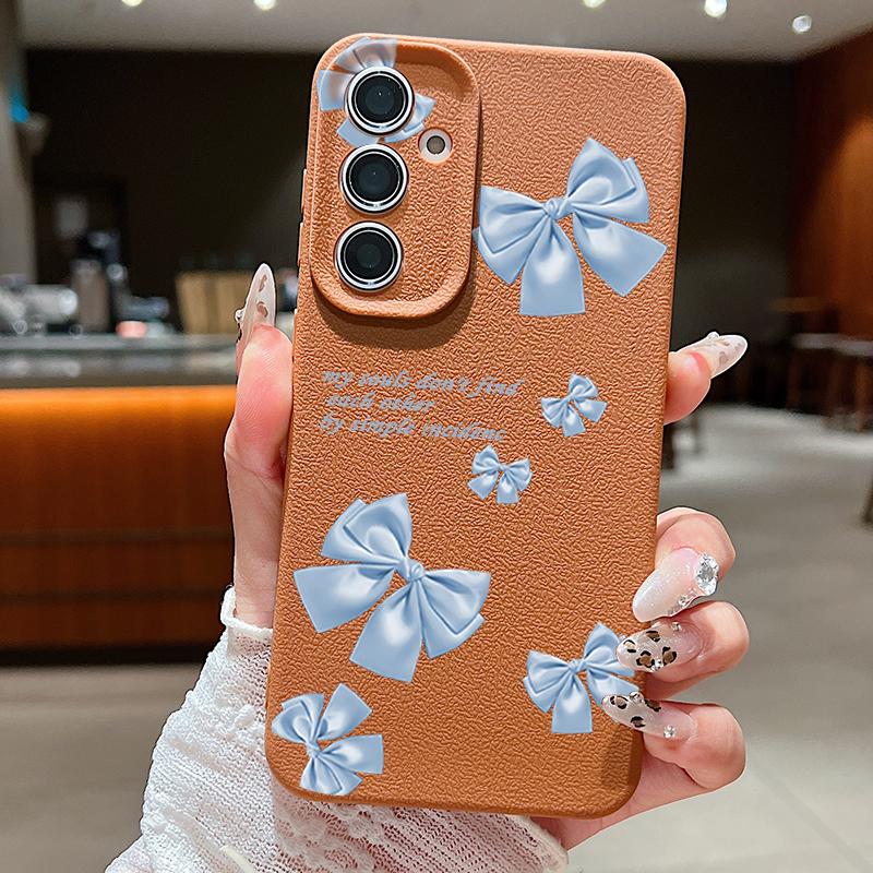 Blue Bowknot Pattern Leather Texture Plain Color Shell for Samsung S25 Ultra S24 Fe S23 S22 A56 A16 A15 A55 Soft Silicone Shockproof Matte Case