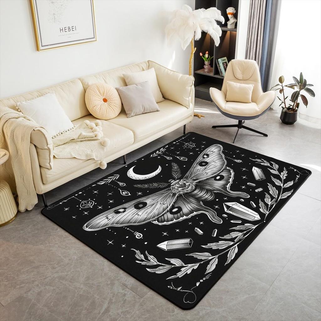 Erosebridal Moth Skull Moon Area Rug 4'11" X 3'3" Bohemian Stars Exotic Living Room Rugs Starry Sky Mysterious Decorative Carpet Black and W