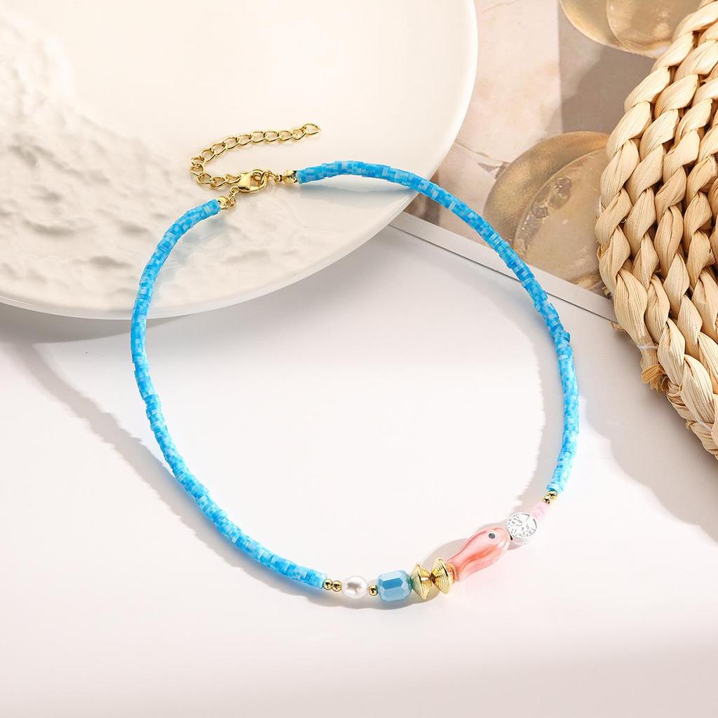 Color Blocked Bead Collarbone Chain Ocean Design Ceramic Necklace Small Fish Bohemian Necklace for Women